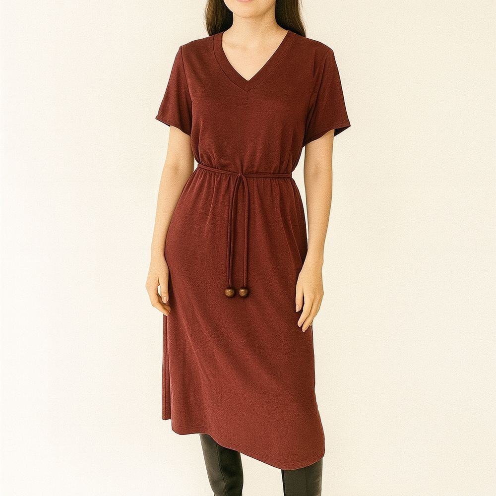 Vtg Cranberry Dress Midi Glitter Vneck S/S Belted Tassels Made In USA Union Made